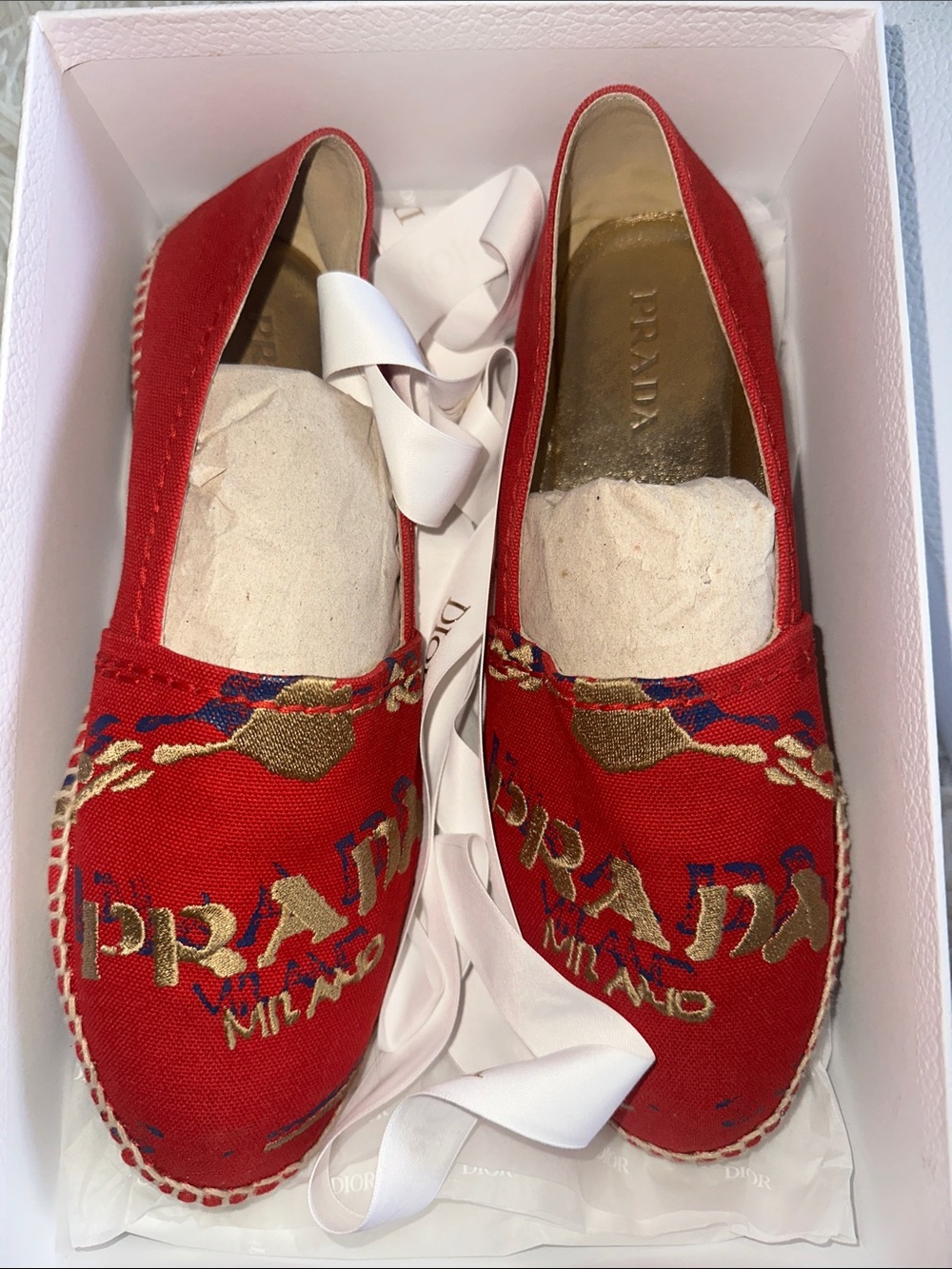 Prada Red Canvas Espadrilles with Gold Embroidered Logo - Picture 7 of 7